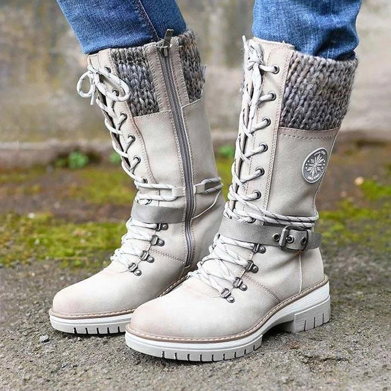 Round-toe Square-heel Leather-buckle Knit-mesh Dr Martens-style Boots foto 4