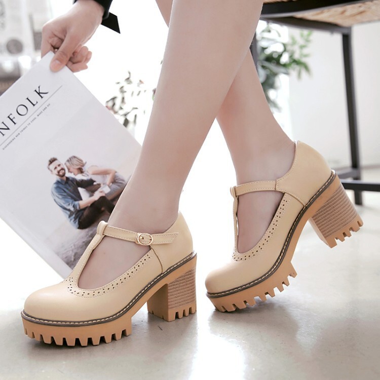 Korean-style Low-Top Single-Buckle Japanese-Style Retro Lace-trimmed Thick-soled Womens High Heels foto 2