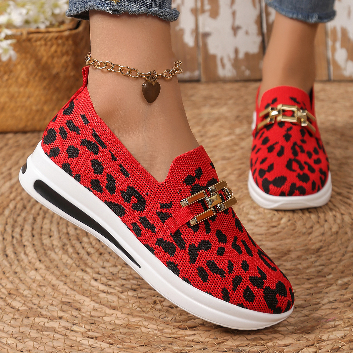 Leopard-Print Plus-Size Flat-Fabric Breathable Casual Shoes For Women