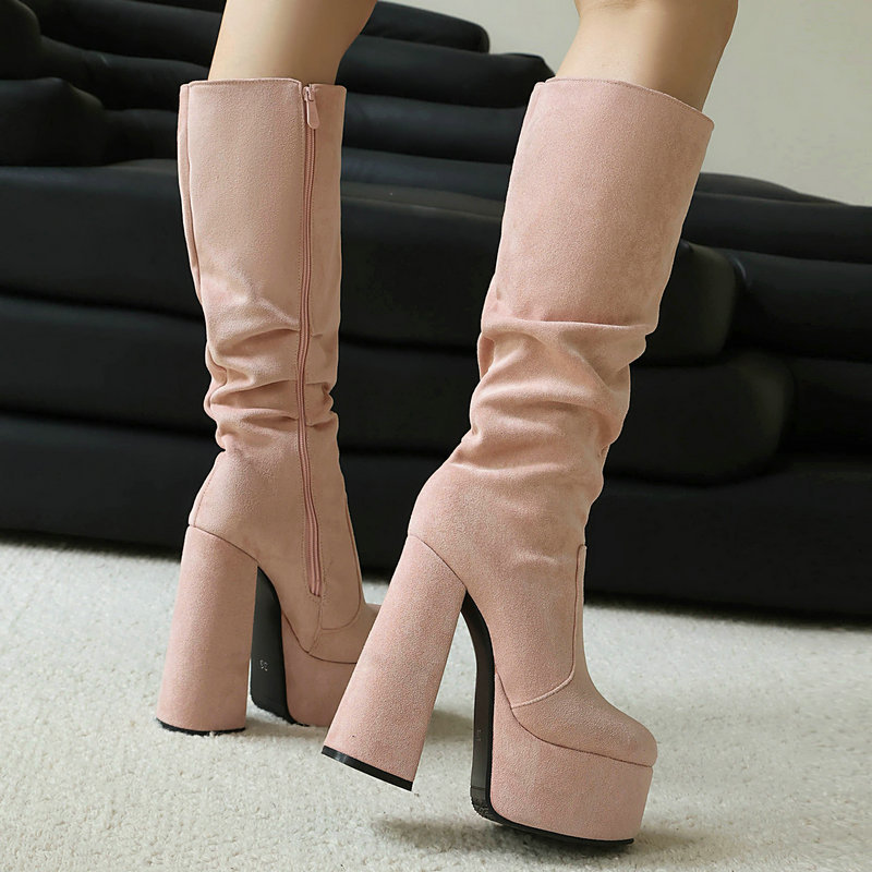 Womens Stretch Suede Waterproof Thick-soled High Heels foto 5