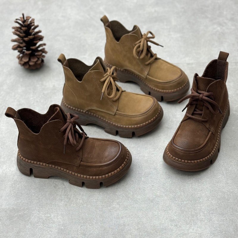 Platform Round Toe Lace-up Casual Cowhide Women's Boots foto 3