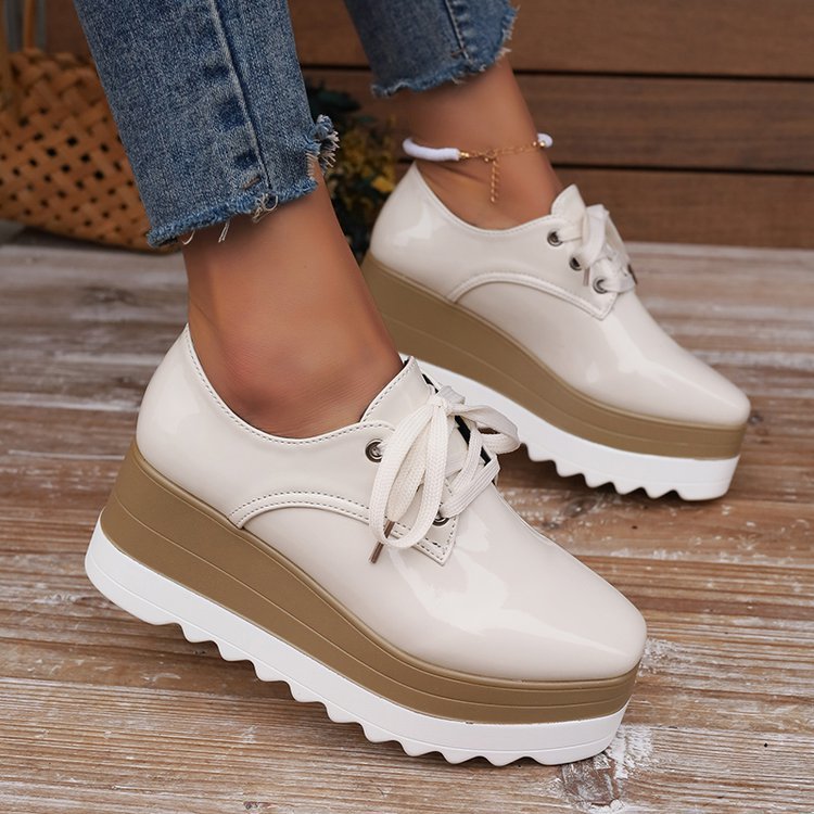 Womens Lace-up Square-toe Patent Leather Platform Wedge Heels foto 2