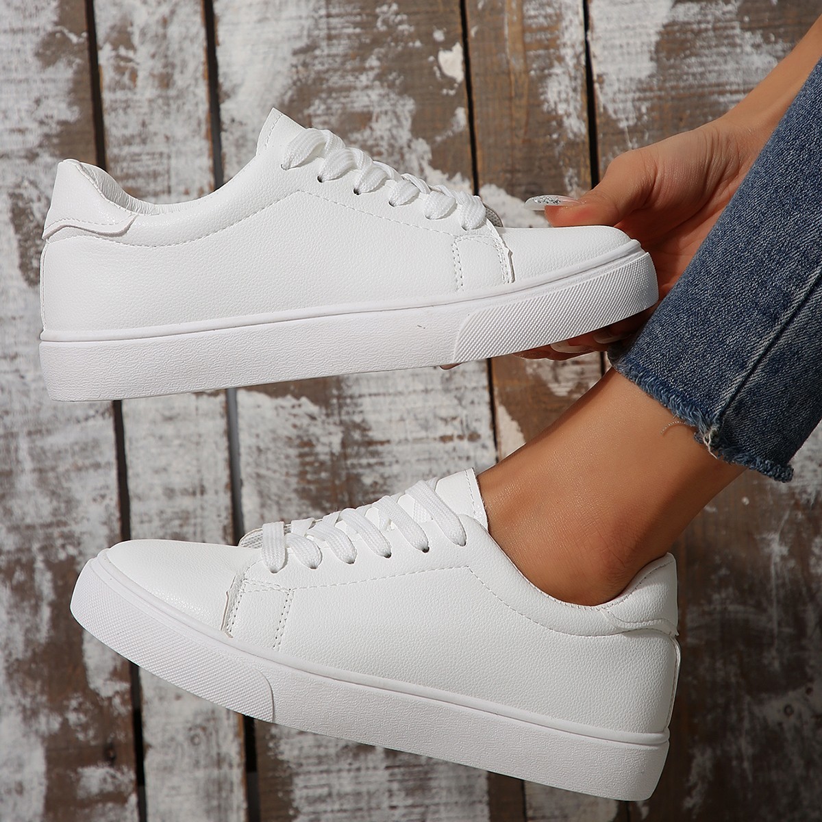 Plus-size Casual Versatile White Flat Shoes Laced Korean-style Low-top Sneakers foto 2