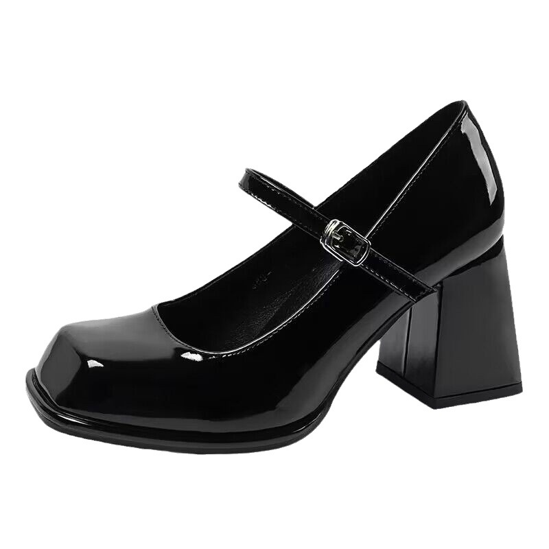 Women's Retro Black Leather Shoes Square Toe Chunky Heel Shoes foto 4