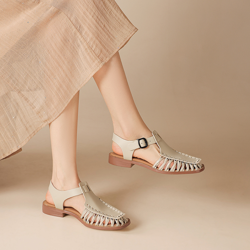 Women's Handmade Oil-Tanned Leather Fisherman Sandals, Cross-Strap Square Toe Adjustable Buckle Flats