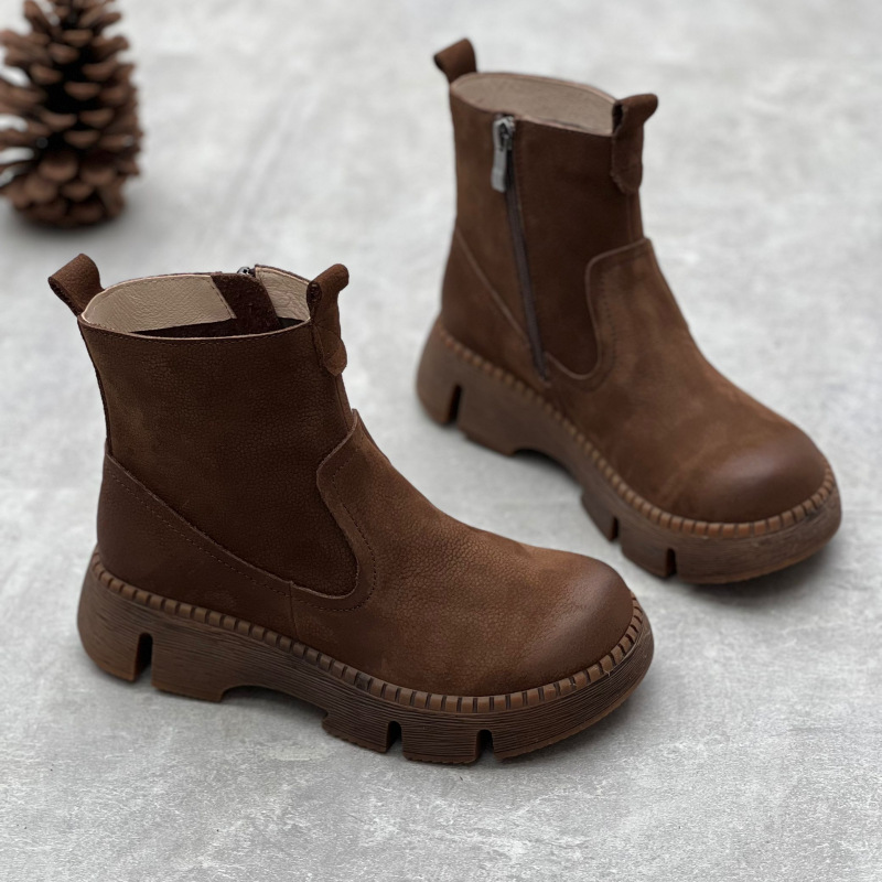 Round Toe All-matching Muffin Bottom Women's Authentic Leather Boots foto 3
