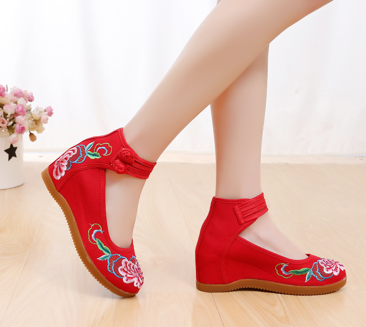 Women's Rhinestone Ethnic Style Double Buckle Canvas High Heels foto 5