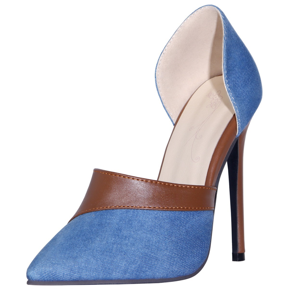 Womens Pointed-toe Denim Patchwork High-heeled Pumps foto 3