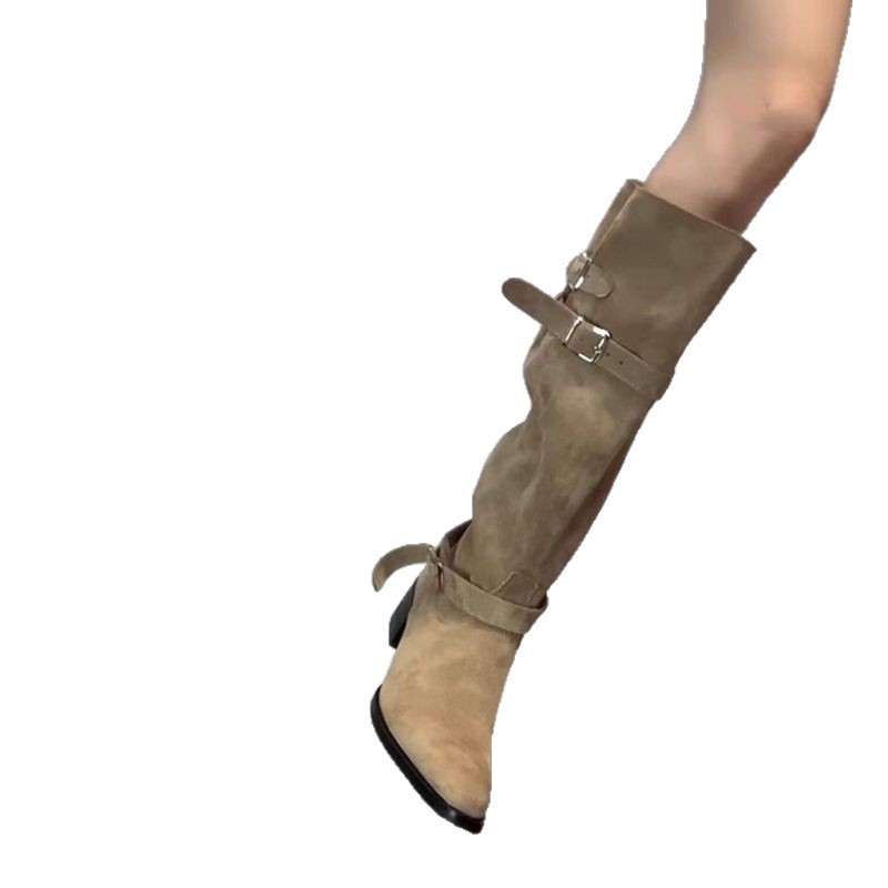 Autumn Khaki Suede Pointed-Toe Boots With Chunky Heels For Women foto 5