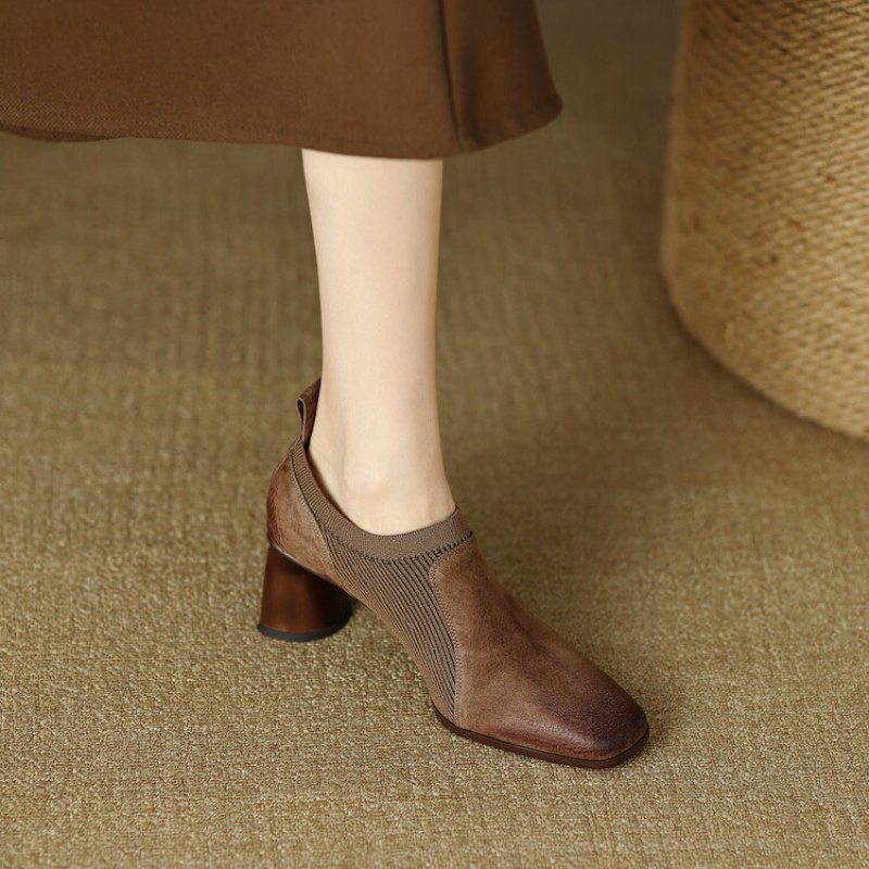 Black Square-toe High Heels Knitted Patchwork Design Deep V-shaped Vamp Chunky Heel Leather Slip-on foto 5