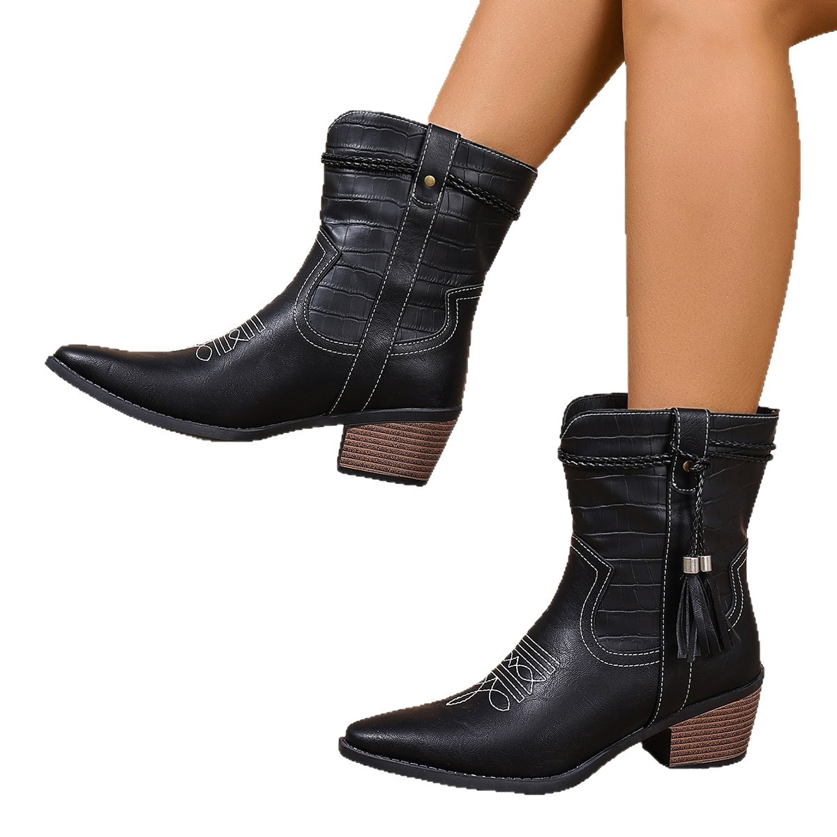 Pointed-toe Square-heel Denim Boots For Women foto 2