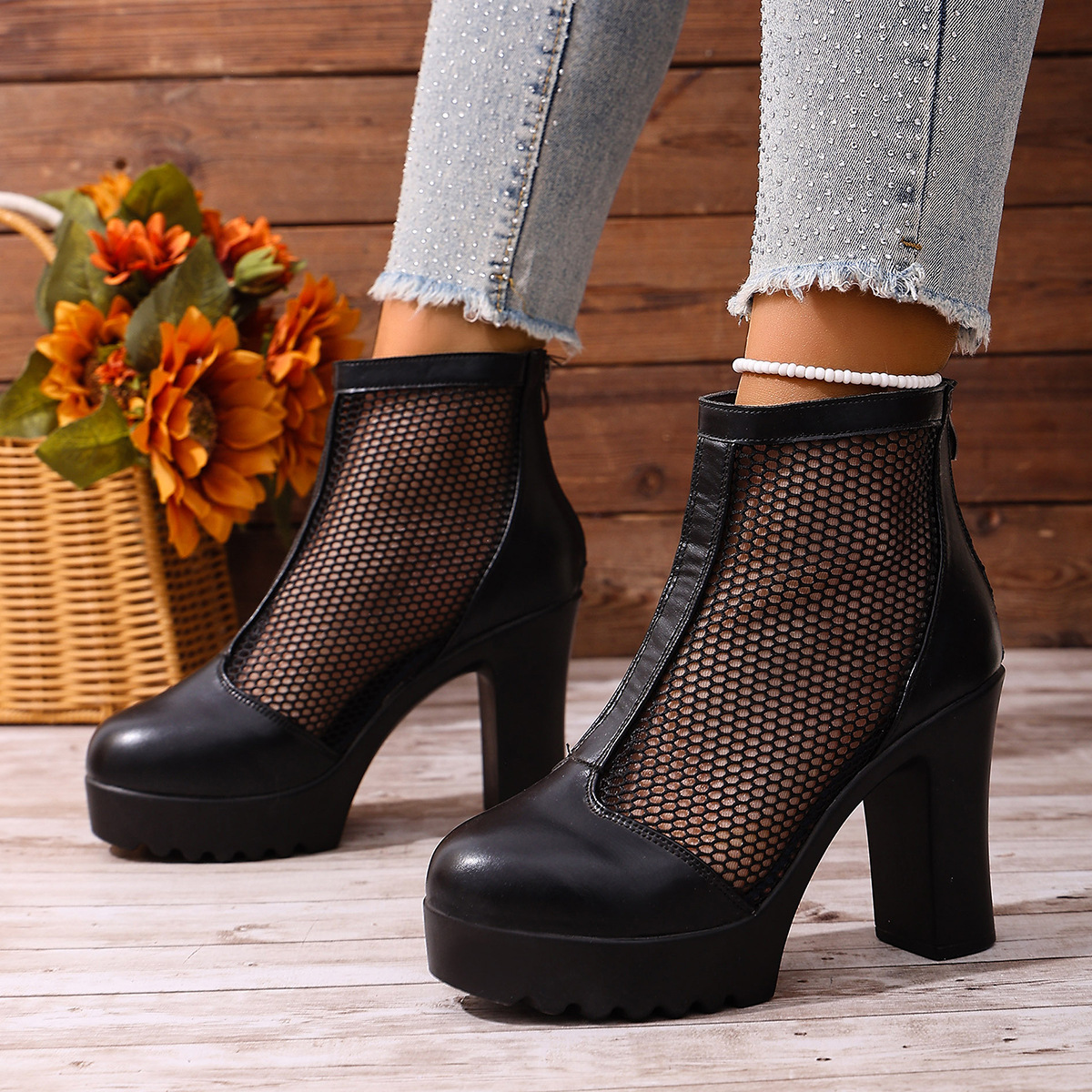 Womens Mesh Chunky Heel Fashion Ankle Boots With Back Zip foto 4