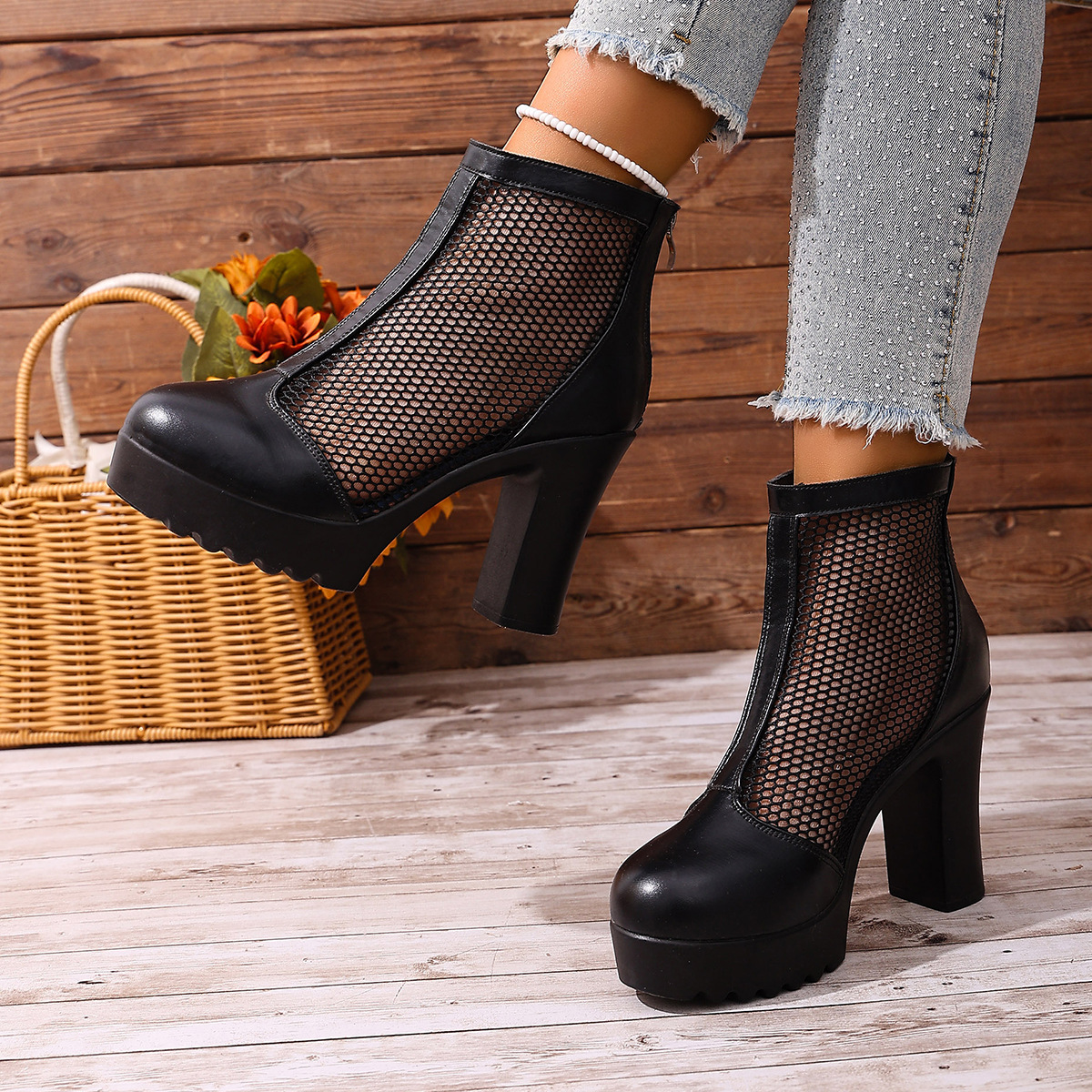 Womens Mesh Chunky Heel Fashion Ankle Boots With Back Zip foto 5