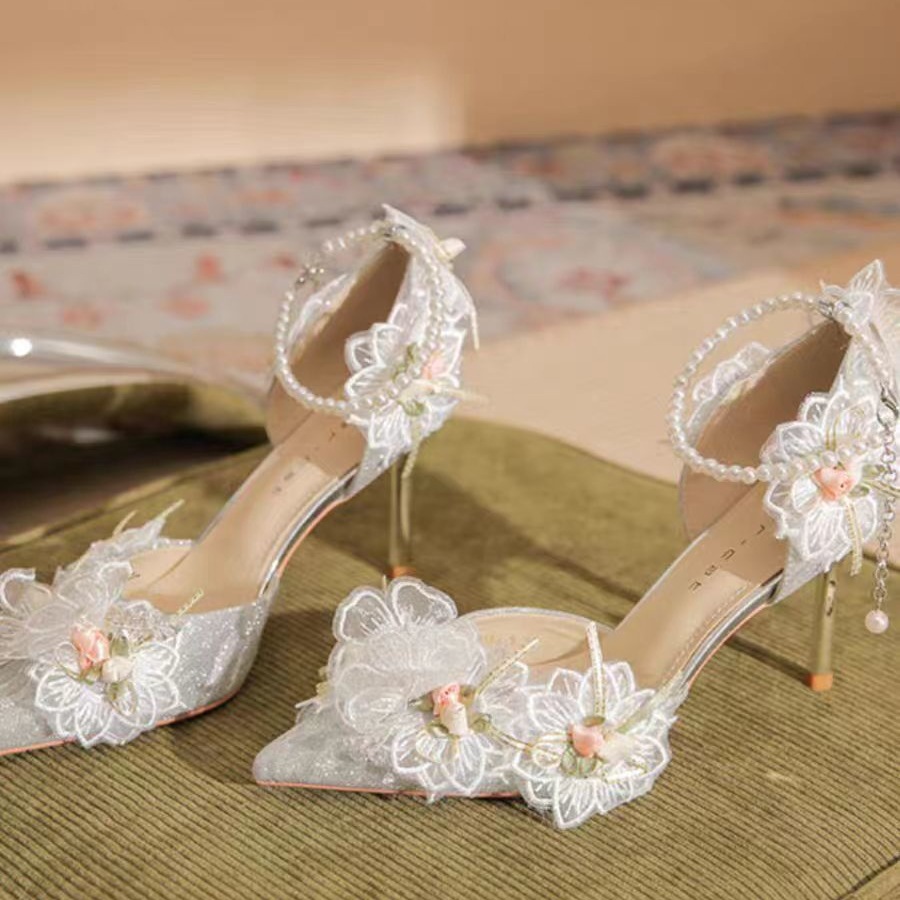 New Pointed Lace Flower Pearl Bow Tie Shoes foto 3