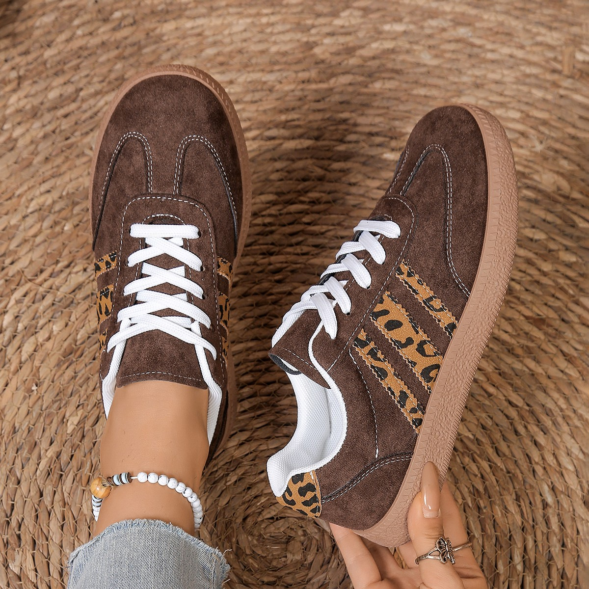 Lace-up Color-Block Round-Toe Leopard-Print Casual Shoes foto 4