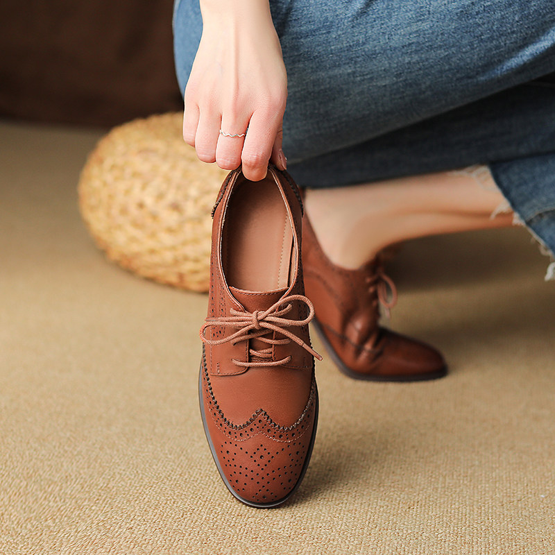 Womens British-style Lace-up Low-heeled Peep-toe Shoes foto 3