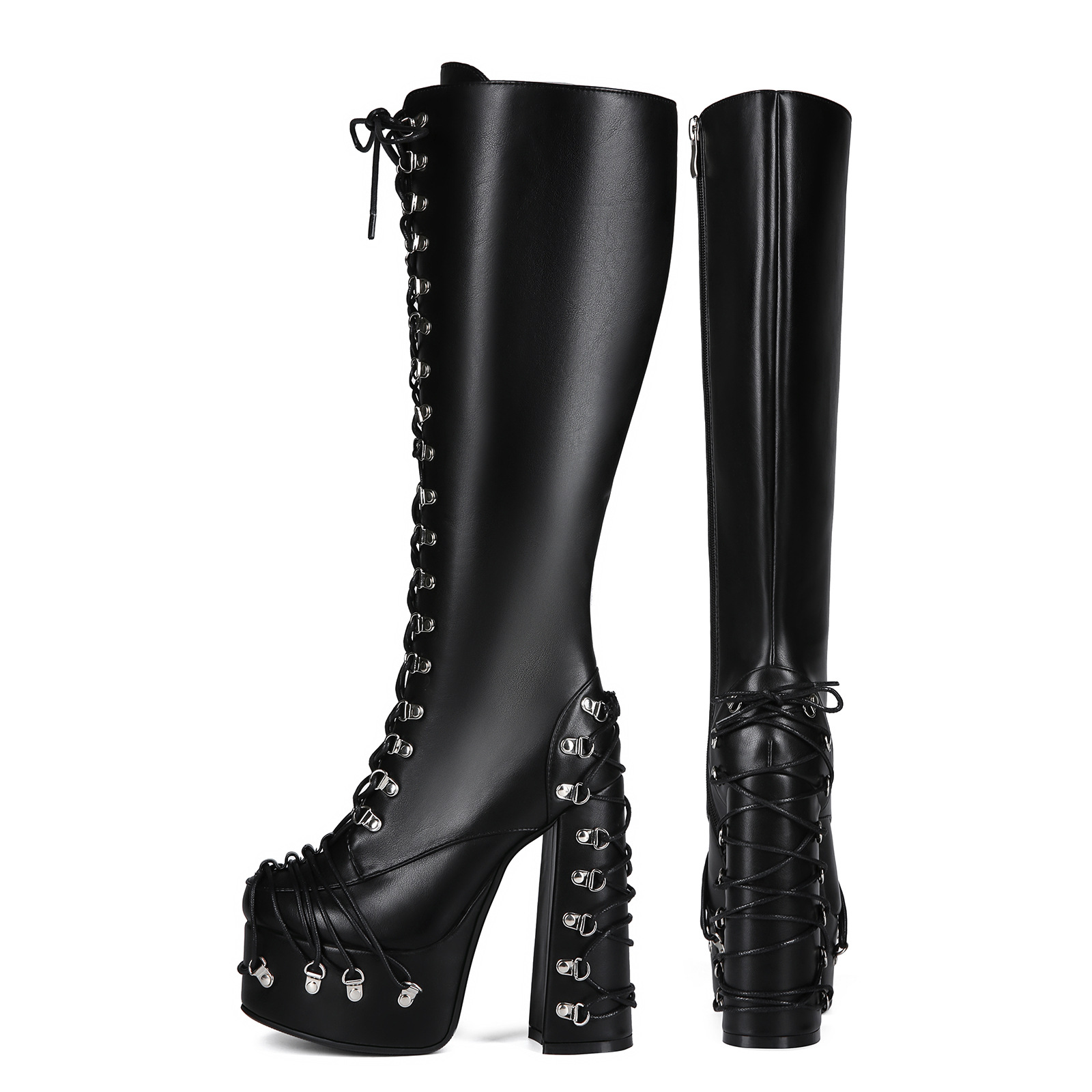 Strap-buckle Punk Goth Chunky High-heeled Plus-size Knee-high Boots foto 5