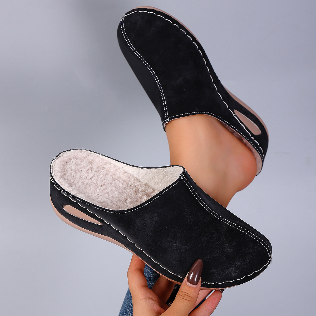 Plus-size Round-toe Fleece-lined Wedge Slippers foto 4