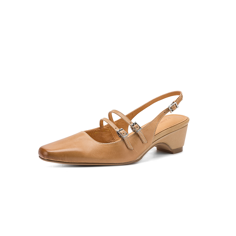Women's Handmade Washed Full-Grain Leather Slingback Mary Jane Sandals, Vintage Square Toe Double Strap Buckle Low Wedge Heel Shoes foto 5