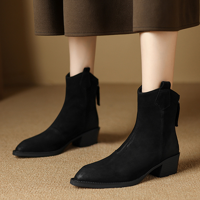 Women's Martin Boots Retro Light Brown Pointed Toe Chunky Heel Ankle Boots Winter New Style foto 5