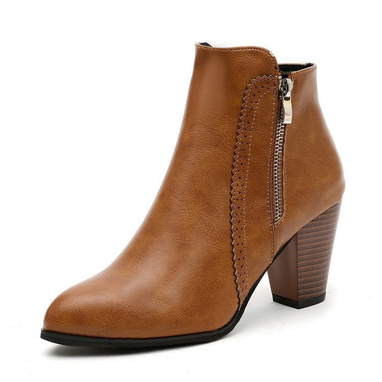 Retro Distressed Chunky Heel Side Zip Ankle Boots For Women foto 4