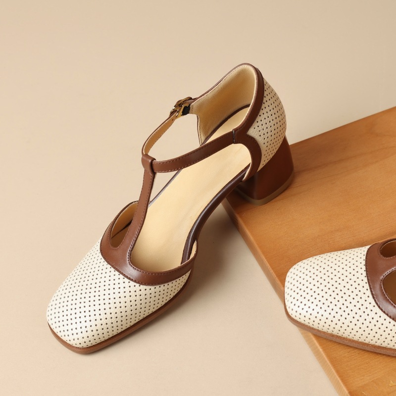 Womens Leather Mule Sandals With Color-block Design, Tstrap Buckle And Breathable Perforations foto 4