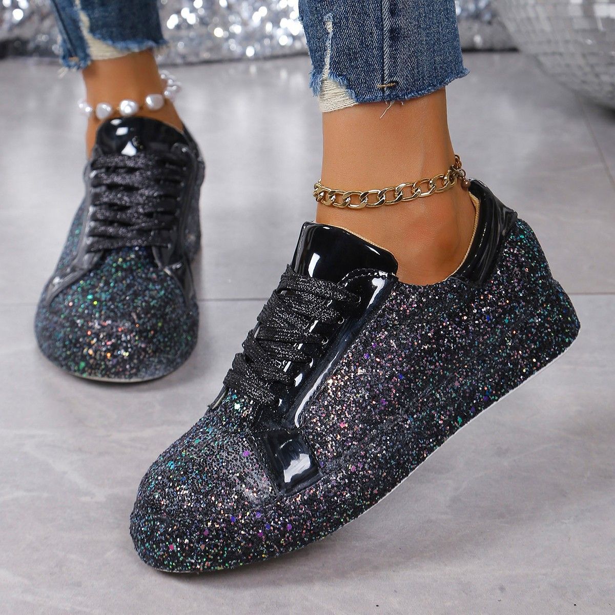 Plus Size Sequins Casual Fashion Shoes Women Front Lace Up Sneaker Women foto 3