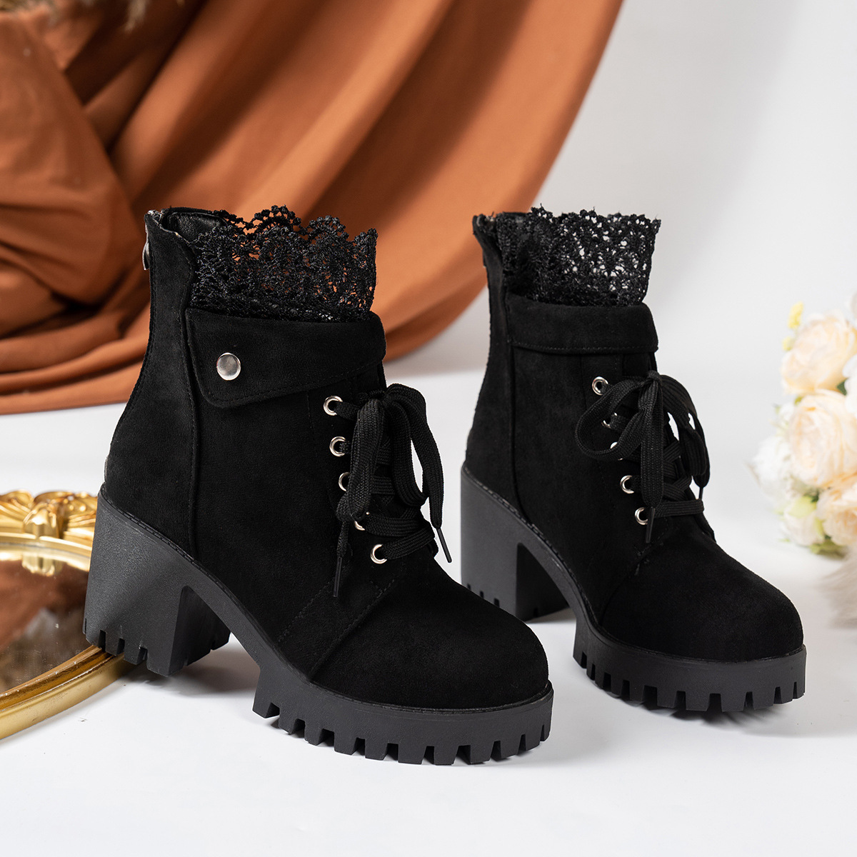 High Heel Chunky Heel Lace-up British Style Martin Boots foto 4