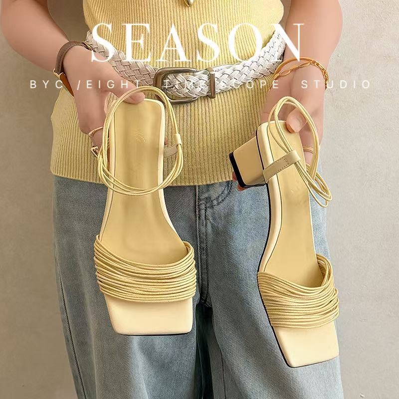 Women's Handmade Multi-Strap Leather Block Heel Sandals, Square-Toe Ankle Wrap Mid-Heel Shoes With Pigskin Lining foto 4