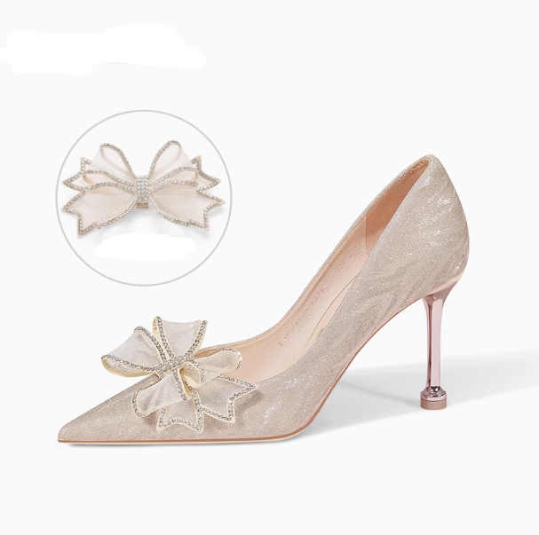 Sequined Champagne Crystal Shoes Pointed Stiletto Heel High Heels foto 4