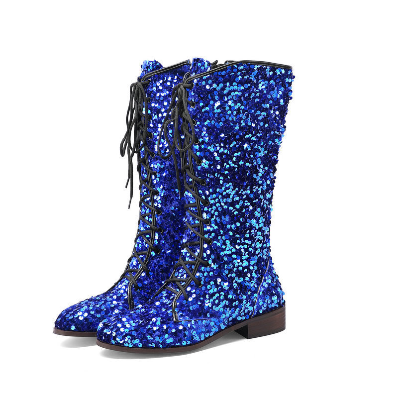 Glittery Round-toe Mid-heel Over-the-knee Boots With Front Lacing foto 2