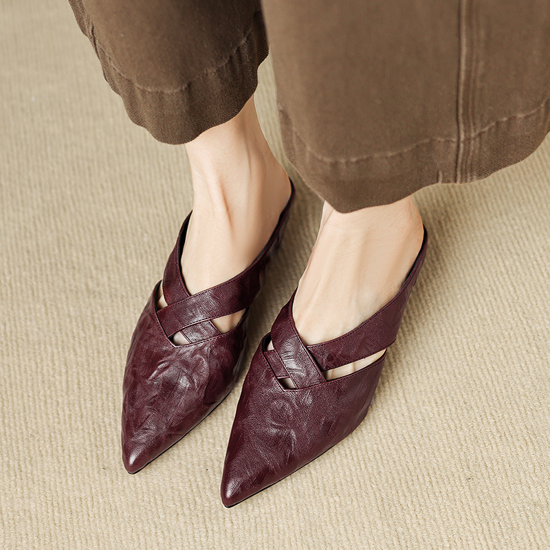 Women's Full-Grain Lambskin Pointed Toe Mules, Handmade Leather Crisscross Low Heel Slides foto 5
