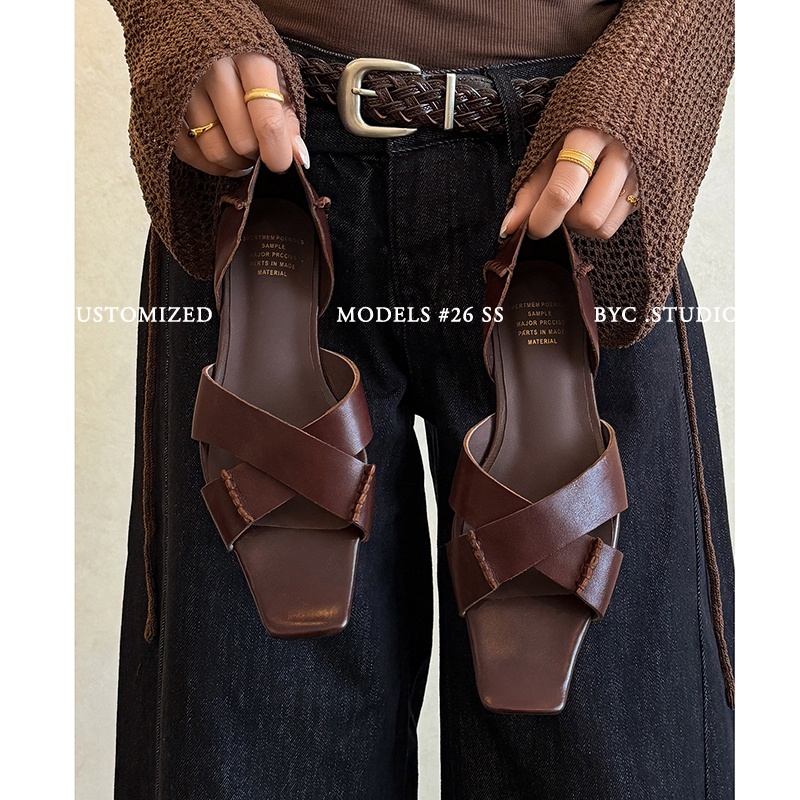 Women's Handmade Full-Grain Leather Crisscross Flat Sandals, Square-Toe Side Cutout Shoes