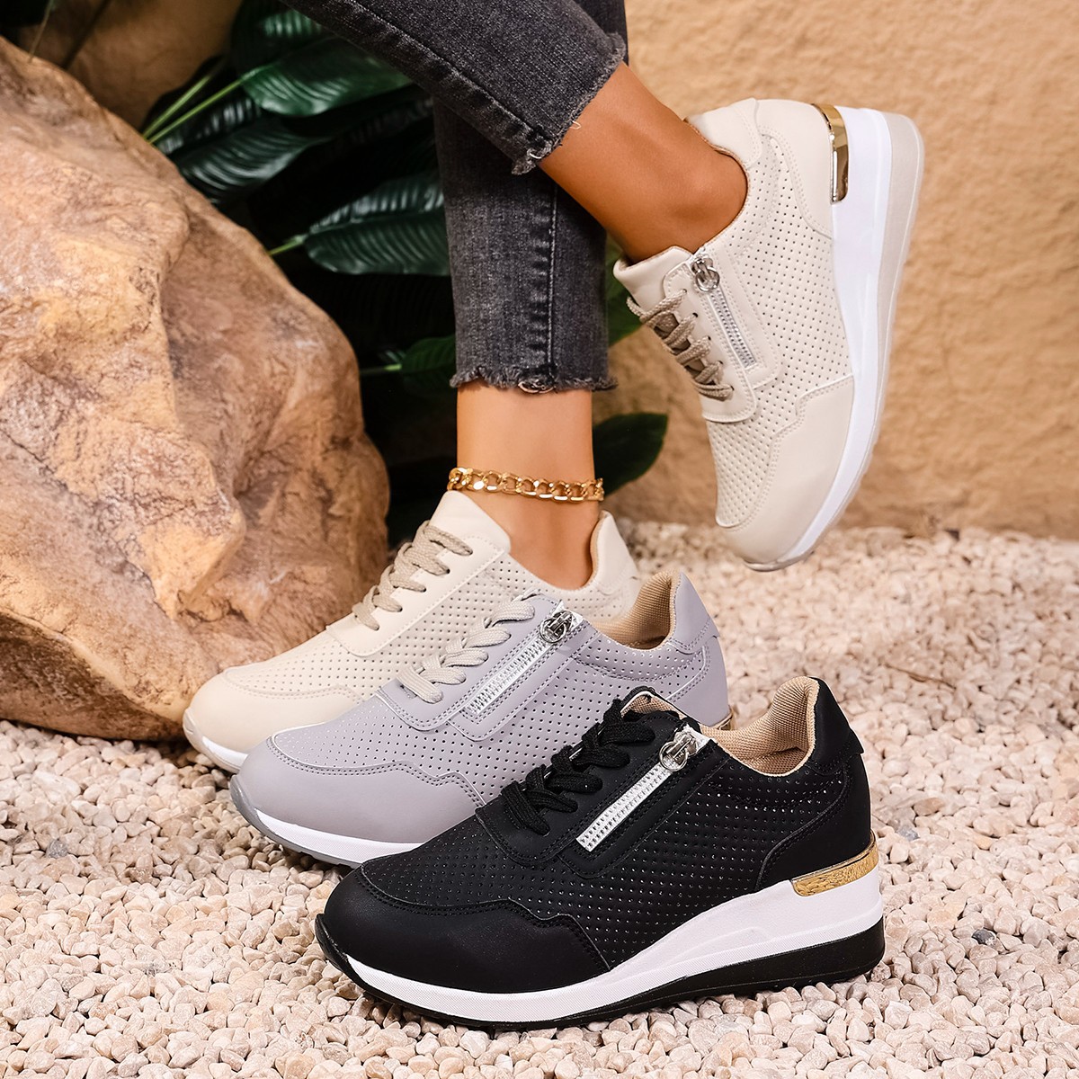 Womens Casual Wedge Mid-heel Lace-up Athletic Shoes foto 2