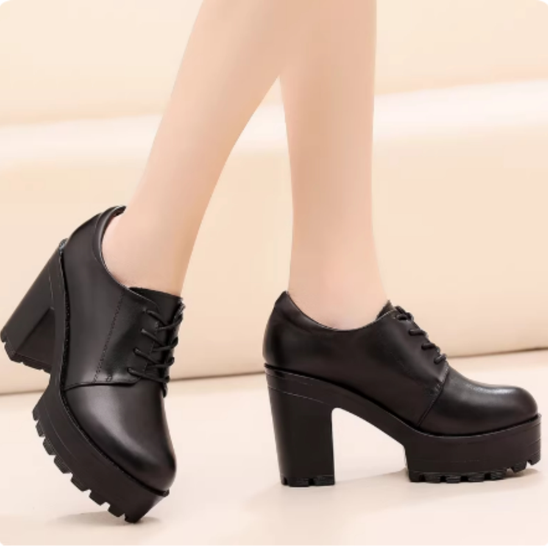 Genuine Leather Platform Round Toe Deep-cut Single Shoes For Autumn And Winter With Laces foto 4