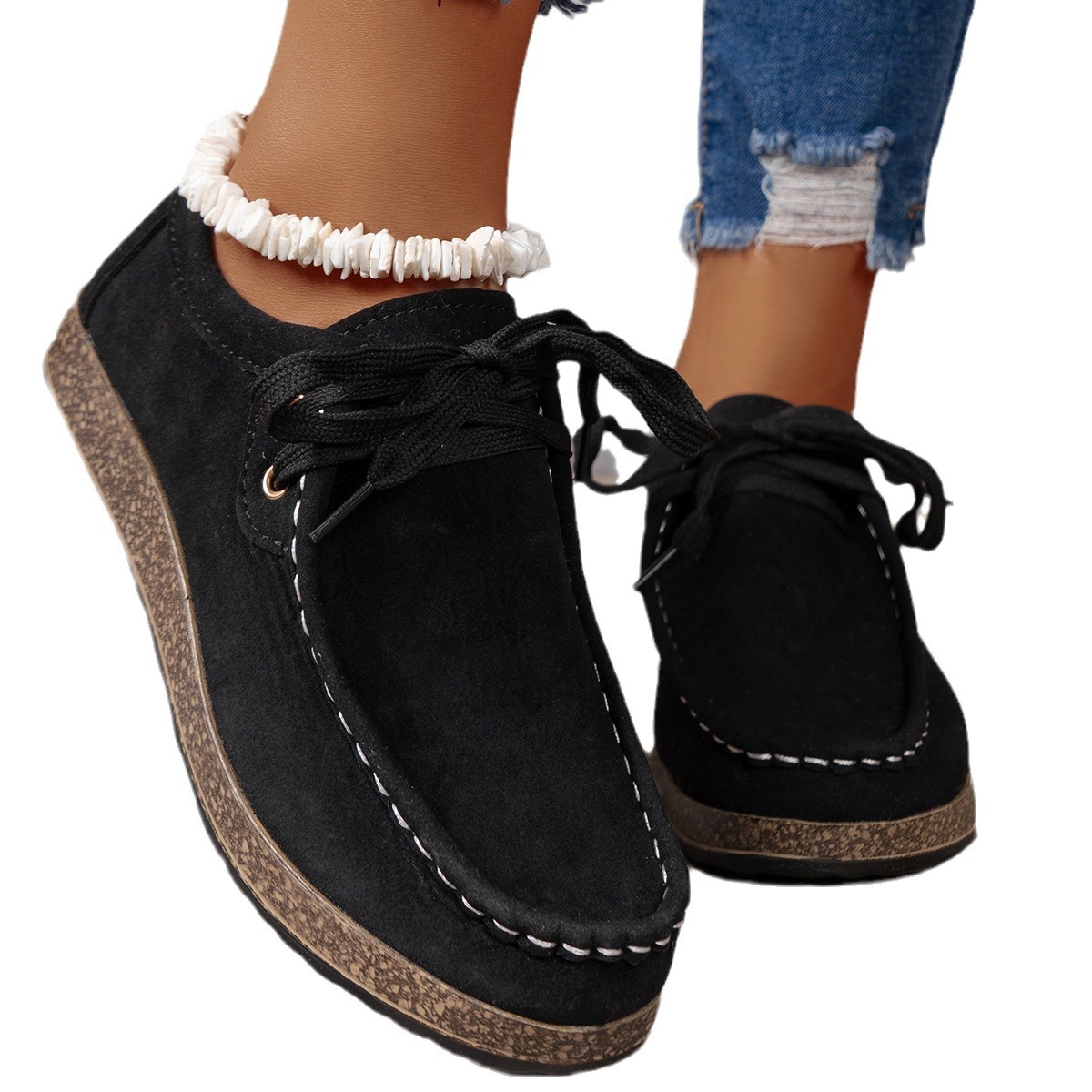 Solid Color Front Lace-up Round Toe Women's Leisure Thin Shoes foto 2