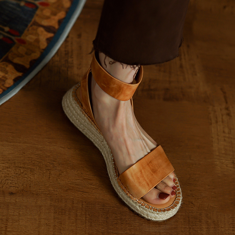 Womens All-leather Braided Vintage Flat Sandals With A Wedge Heel foto 5