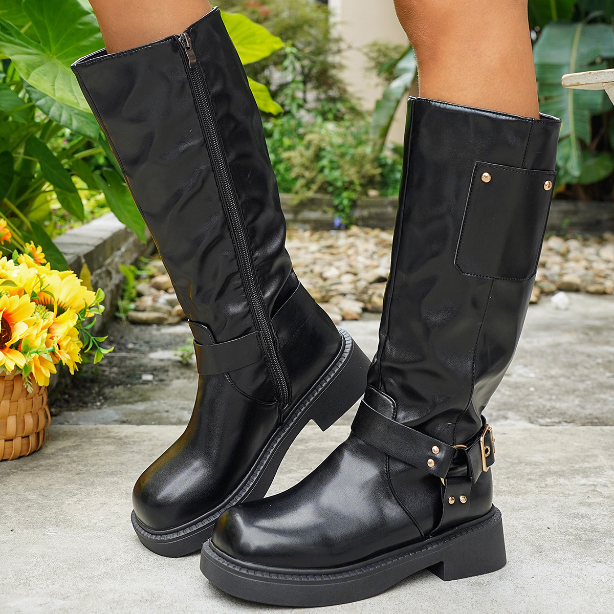 Calf-length Metal Belt-buckle Chunky-heeled High-top Denim Boots foto 4
