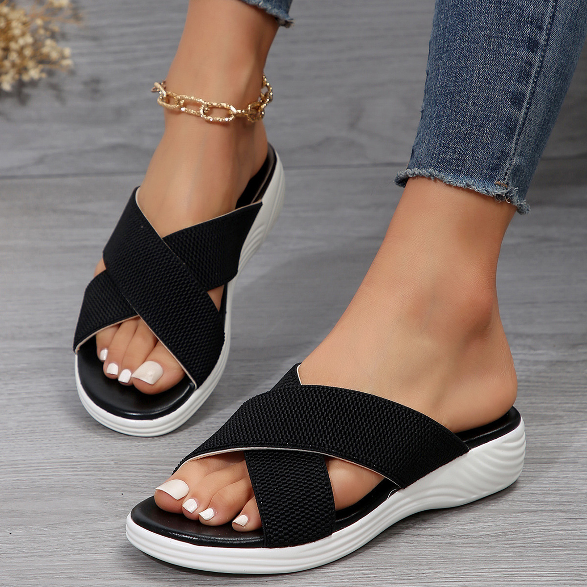 Summer Flat Wedge Peep-toe Slippers Thick Bottom Plus Size Cross Women's Slippers foto 3
