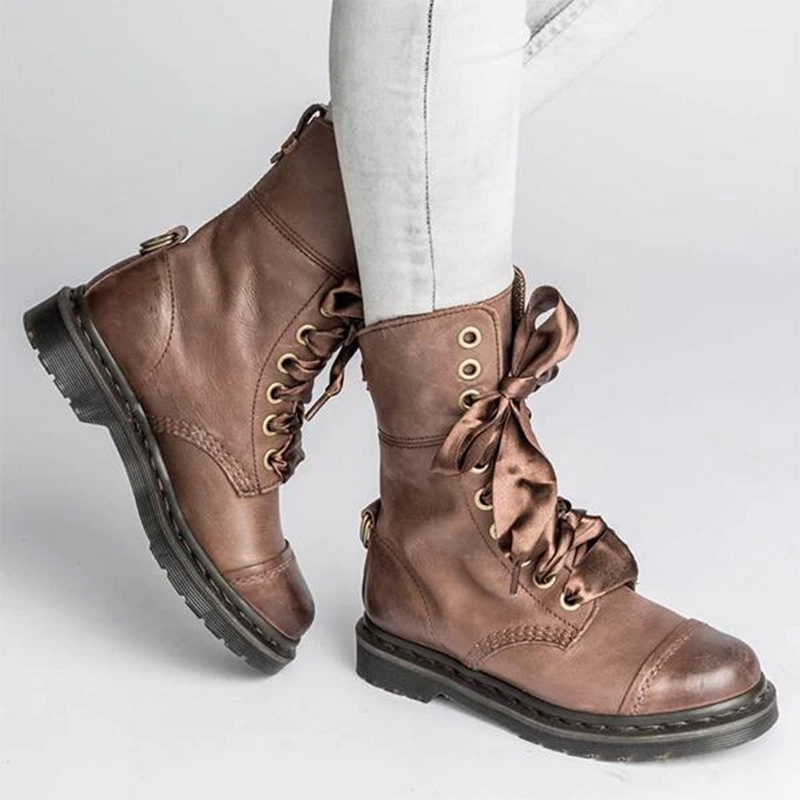 British-style Lace-up Round-toe Flat Ankle Boots For Women foto 2