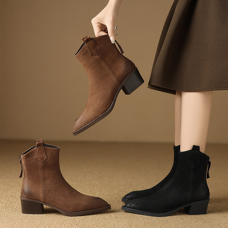 Women's Martin Boots Retro Light Brown Pointed Toe Chunky Heel Ankle Boots Winter New Style foto 4