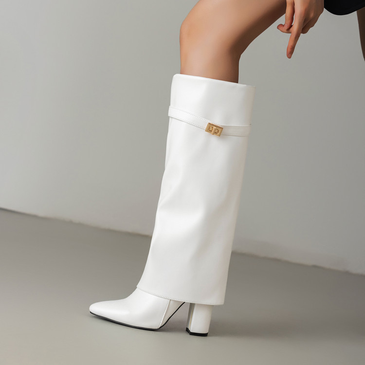 Womens Pointed-toe High-shaft Straight-leg Mid-calf Boots With Metal Buckles foto 3
