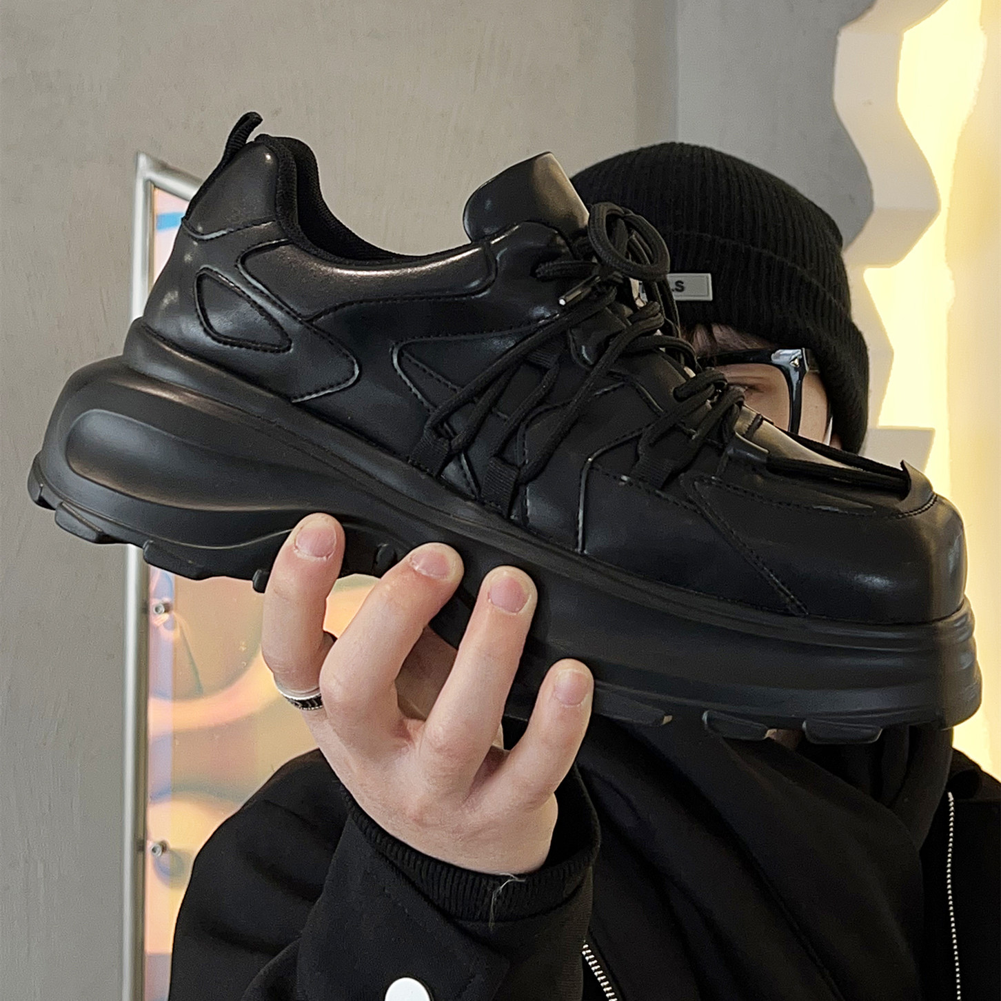 Men's Fashion Thick Bottom Cowhide Square Head Sneaker foto 3