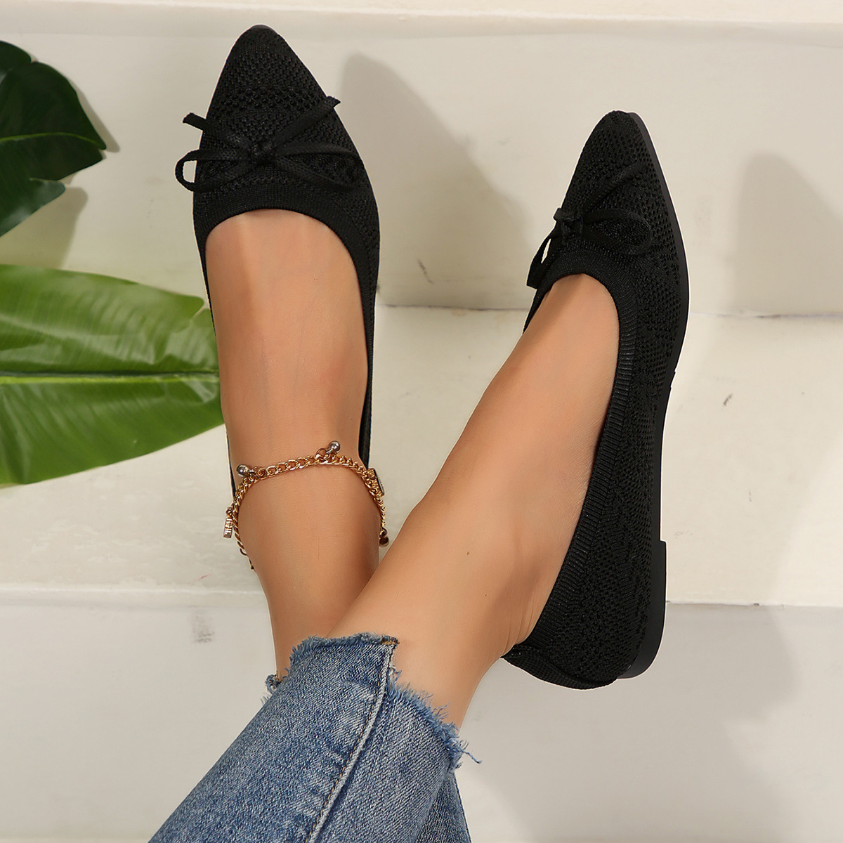 Bow Knitted Loafers Ins Fashion Pointed-toed Flats Shoes For Women foto 3