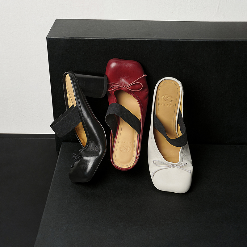 Women's Premium Washed Full Grain Leather Ballet Mules, Elastic Strap Block Heel Sandals foto 2