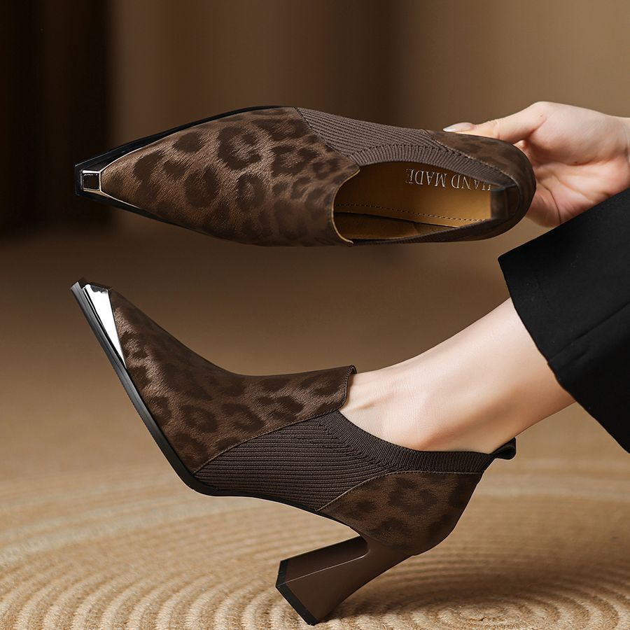 British Leopard Print Metal Head High Heels Women's Thick Heels New Spring And Autumn Season foto 4