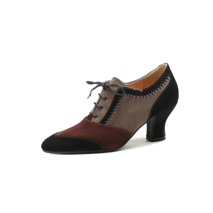 Front Tie Deep Opening Color-blocking Retro High-heel Leather Shoes foto 5