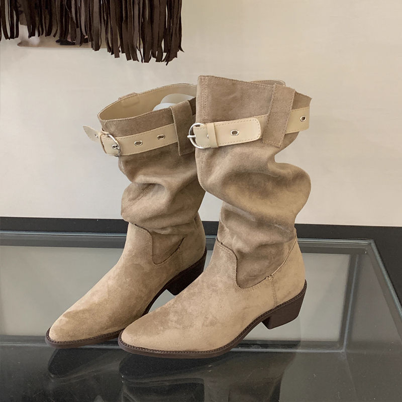 Western Cowboy Mid-calf Thick Heel Pointed Toe High Fold Stack Boots foto 2