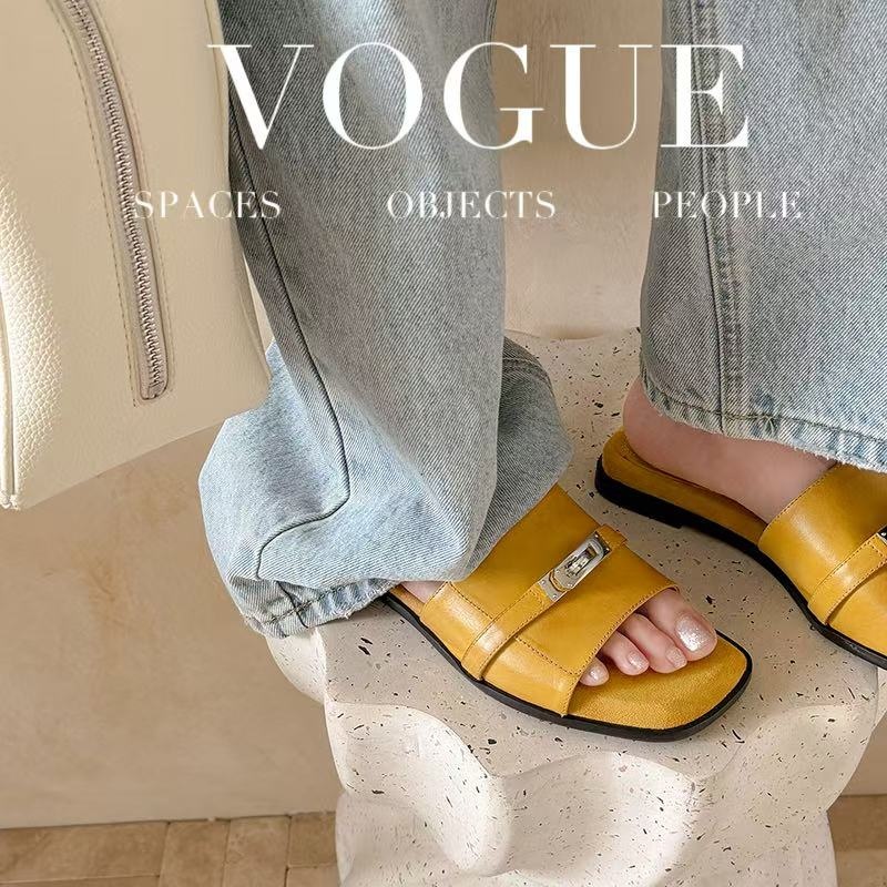 Women's Handmade Full-Grain Leather Slide Sandals, Metal Buckle Open-Toe Flat Slippers