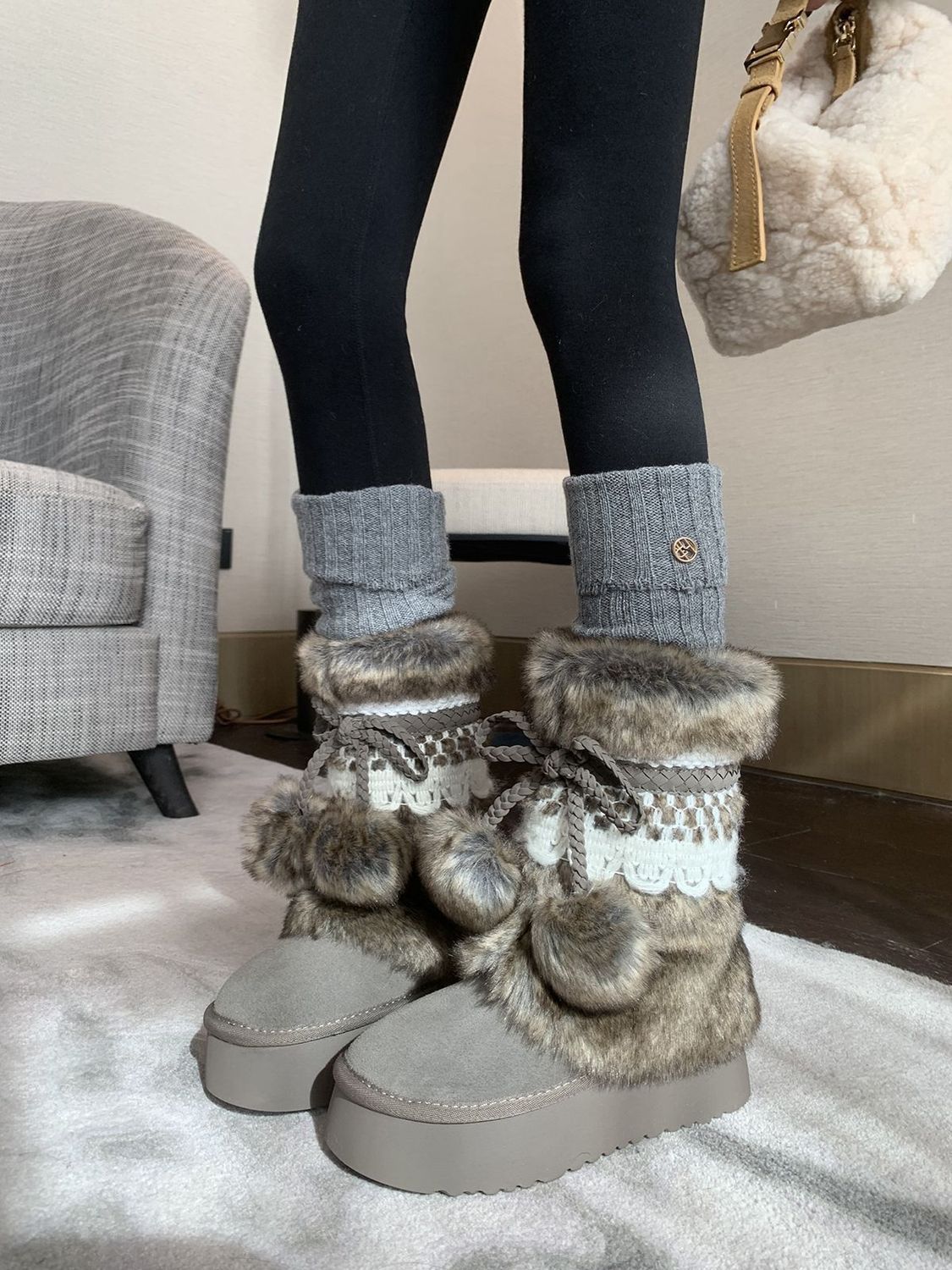 Retro Chunky Brown Boots With Fleece-lined Ankle Boots foto 2